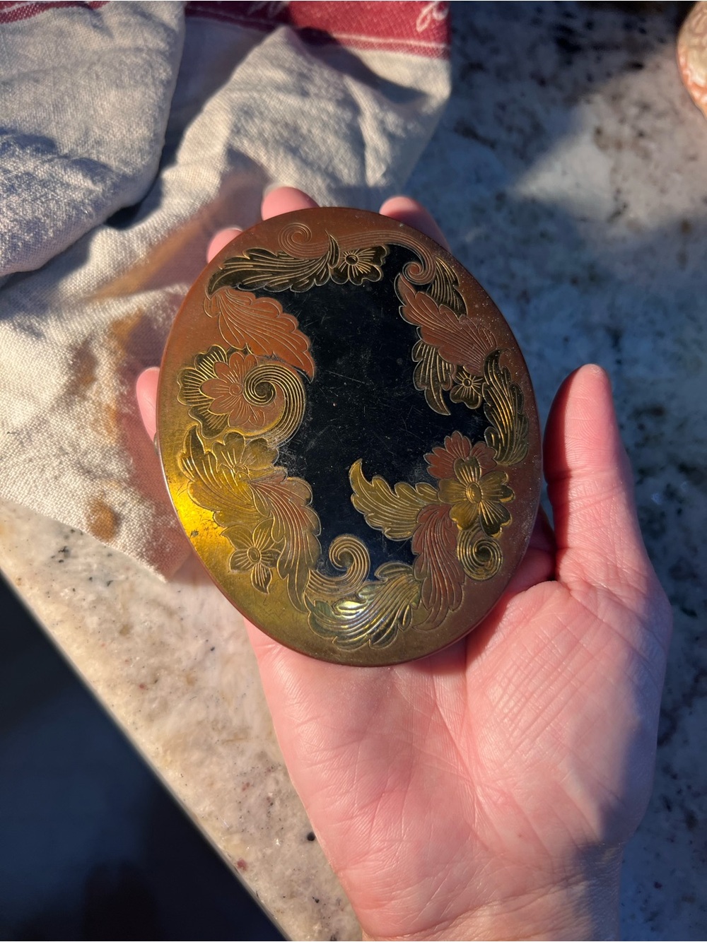 Ornate Floral Compact Decorative Accent - Gold and Copper. no dents no dings!